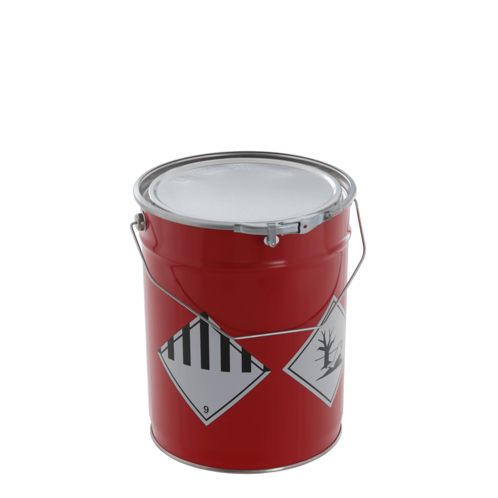 Metal pails 10 litre red UN with dangerous goods label